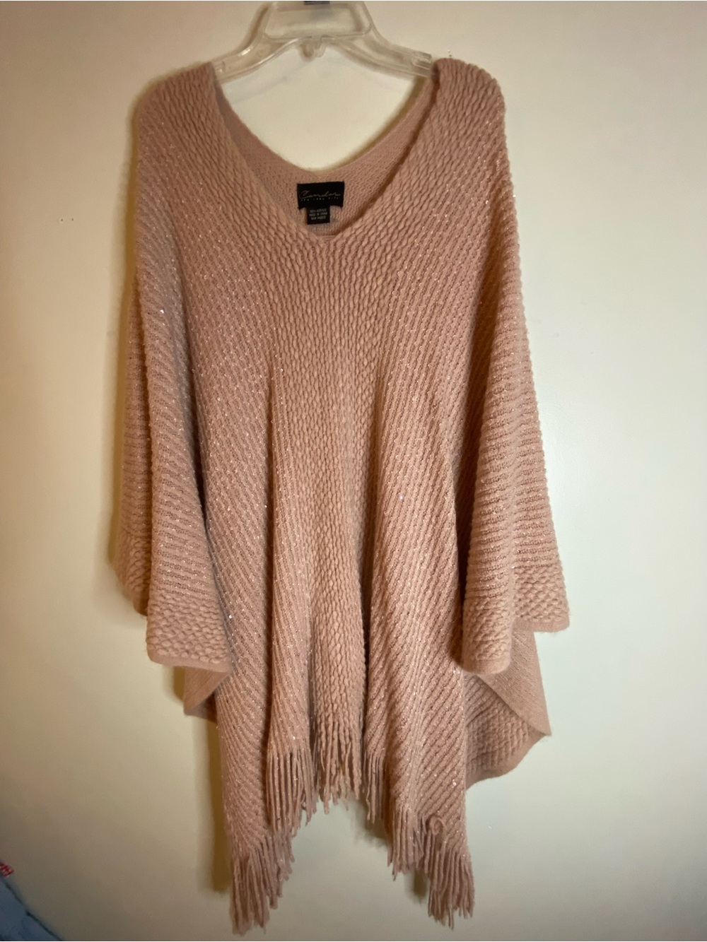 Textured V-Neck Fringe Poncho Sweater in Blush